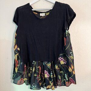 Deletta Womens Black Floral Short Sleeve Sheer Overlay Top Small Linen Blend
